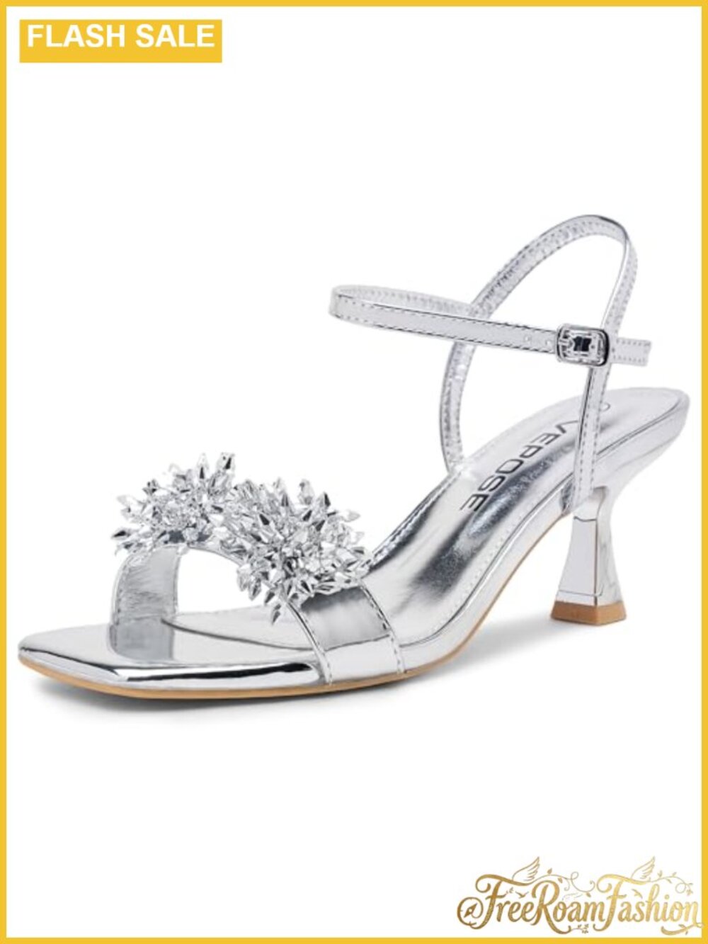 Rhinestone Kitten Heel Sandals Square Toe Ankle Strap Party Heels